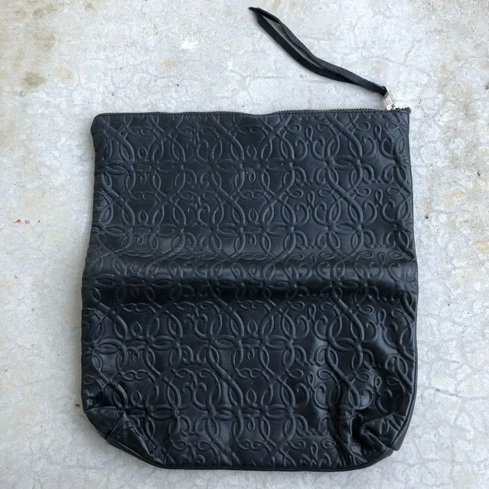 Alex and Ani Gabriel black leather foldover clutch bag embossed geometric print
